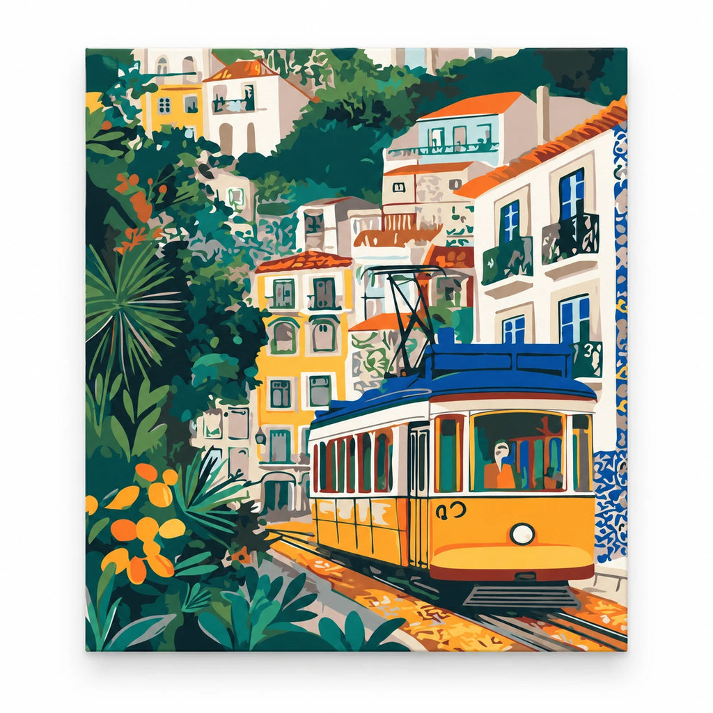 Yellow Tram Through Lisbon paint by numbers artwork on a front-facing canvas against a white background