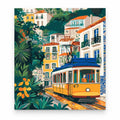Yellow Tram Through Lisbon paint by numbers artwork on a front-facing canvas against a white background