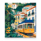 Yellow Tram Through Lisbon paint by numbers artwork on a front-facing canvas against a white background