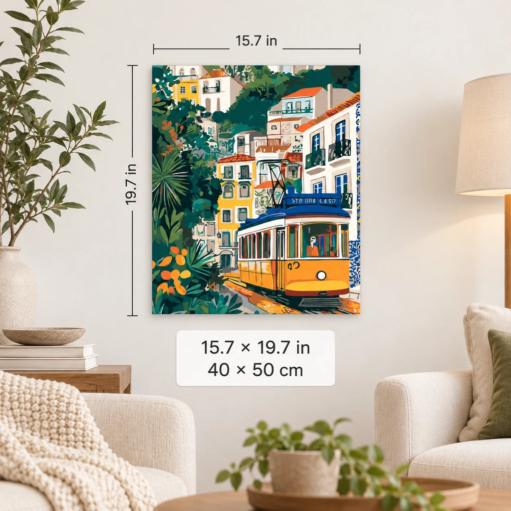 Yellow Tram Through Lisbon shown in a styled room with 15.7 x 19.7 in and 40 x 50 cm dimensions