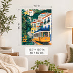 Yellow Tram Through Lisbon shown in a styled room with 15.7 x 19.7 in and 40 x 50 cm dimensions