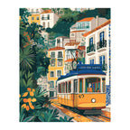 Yellow Tram Through Lisbon completed artwork on a clean white background