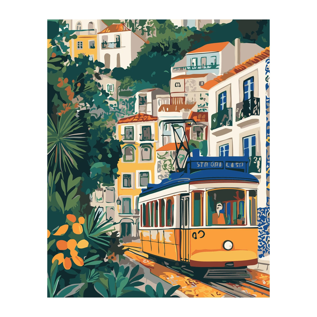 Yellow Tram Through Lisbon completed artwork on a clean white background