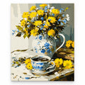 Yellow Wildflowers and Teacup paint by numbers artwork on a front-facing canvas against a white background