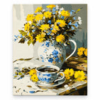 Yellow Wildflowers and Teacup paint by numbers artwork on a front-facing canvas against a white background