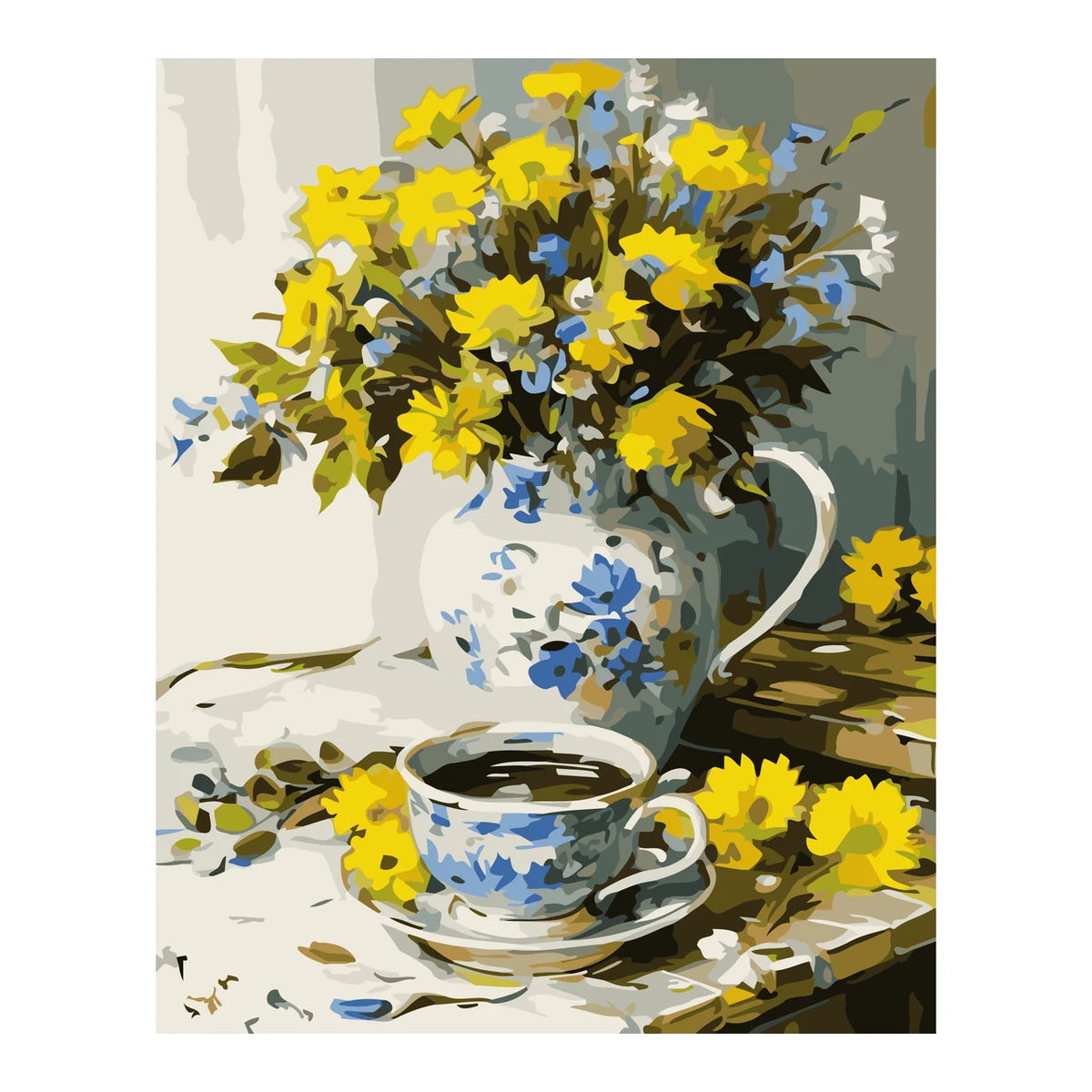 Yellow Wildflowers and Teacup completed artwork on a clean white background