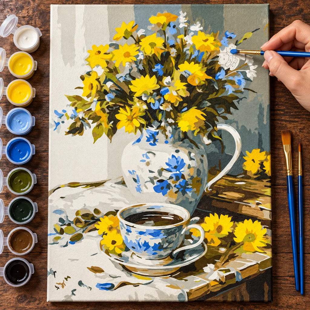 Complete Yellow Wildflowers and Teacup numbered canvas being painted with acrylic paints and brushes