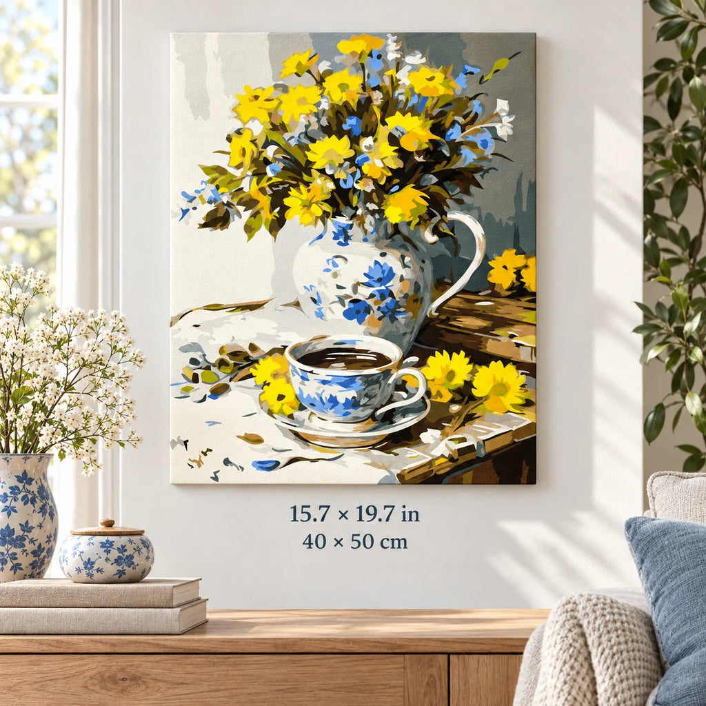 Yellow Wildflowers and Teacup shown in a styled room with 15.7 × 19.7 in and 40 × 50 cm dimensions