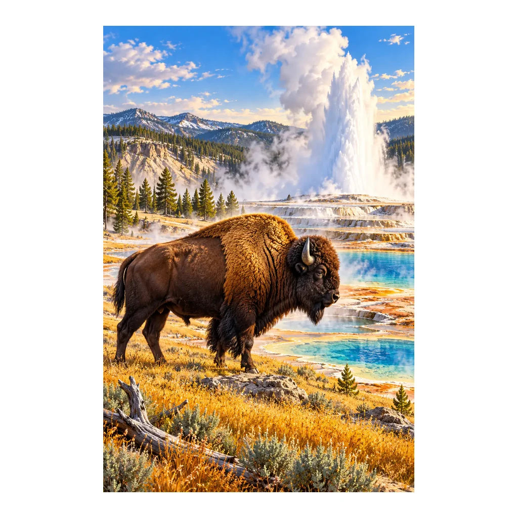 Original Yellowstone artwork with a bison beside a steaming geyser and golden grassland