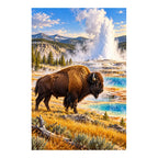 Original Yellowstone artwork with a bison beside a steaming geyser and golden grassland