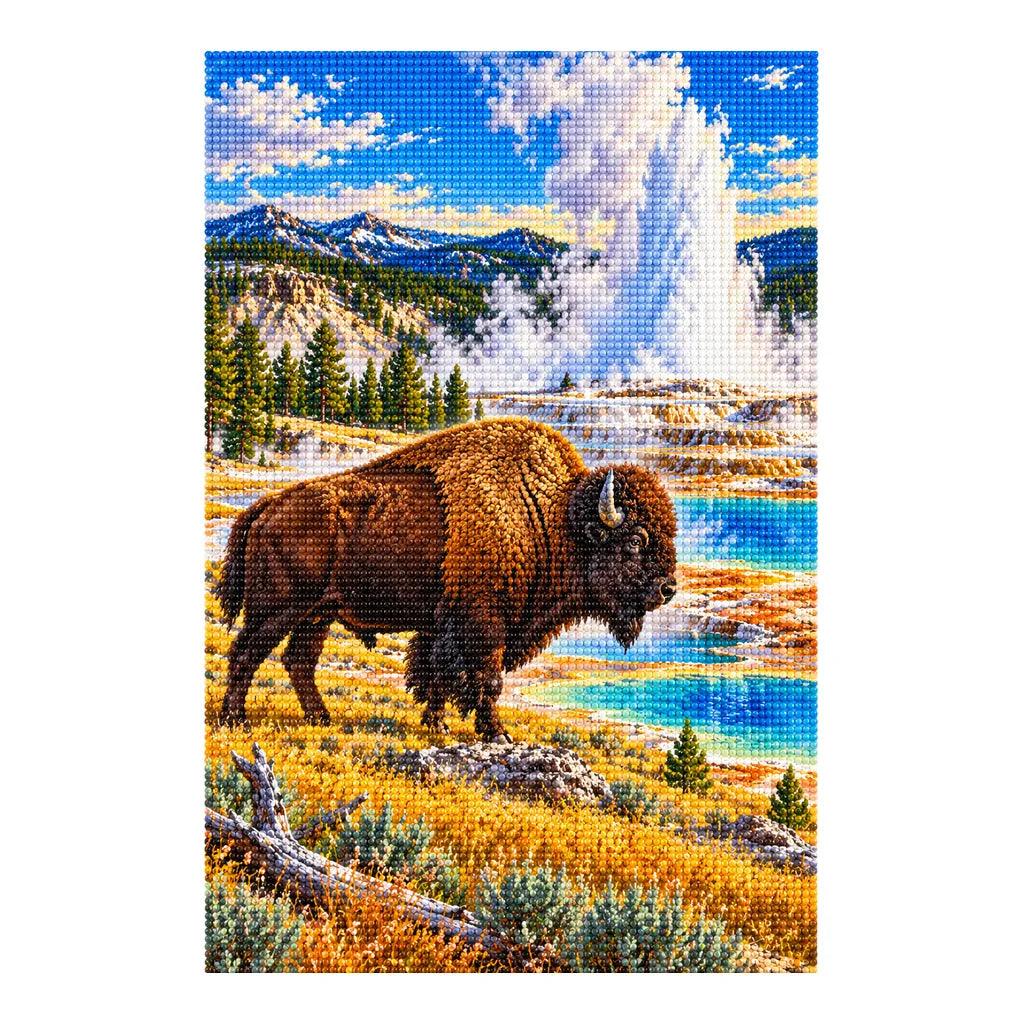 Diamond-finished Yellowstone bison and geyser artwork on a white background