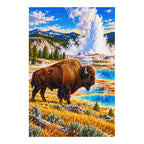 Diamond-finished Yellowstone bison and geyser artwork on a white background