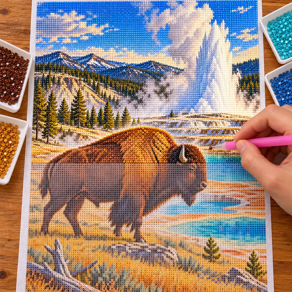 Hand placing diamond drills on the Yellowstone bison canvas beside trays of drills