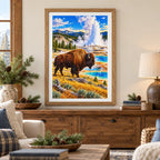 Framed Yellowstone bison diamond painting displayed in a natural home interior