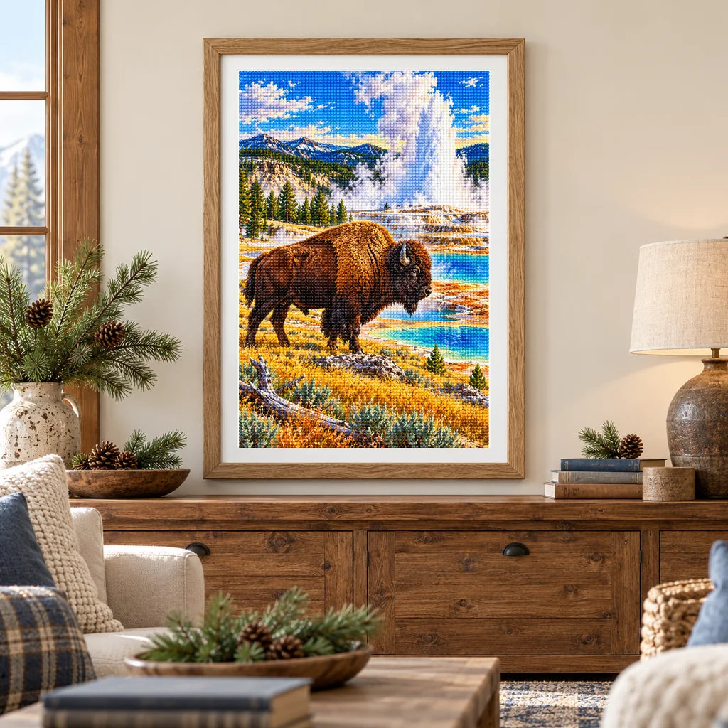 Framed Yellowstone bison diamond painting displayed in a natural home interior
