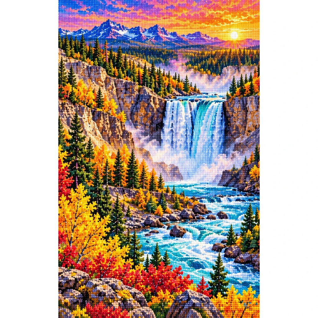 Yellowstone Waterfall Autumn finished diamond painting on white