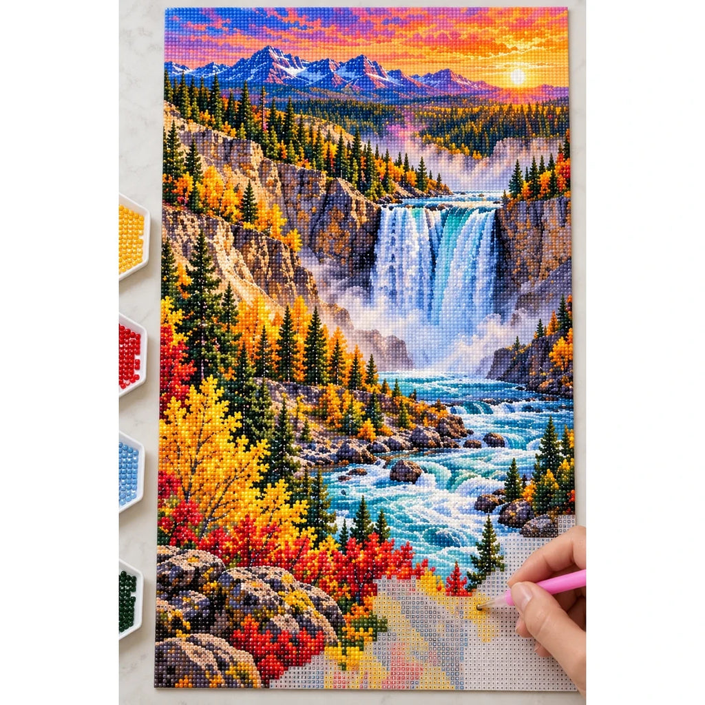 Yellowstone Waterfall Autumn diamond painting process