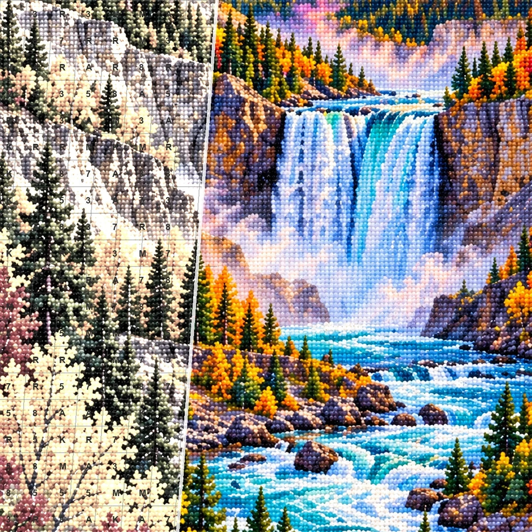 Yellowstone Waterfall Autumn canvas and resin drill detail