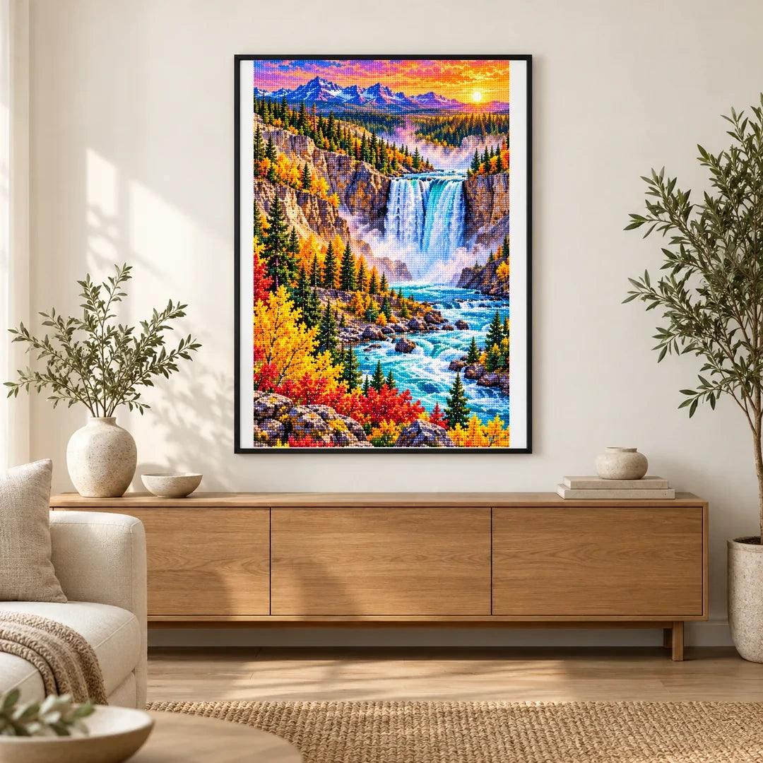 Yellowstone Waterfall Autumn finished artwork in home décor