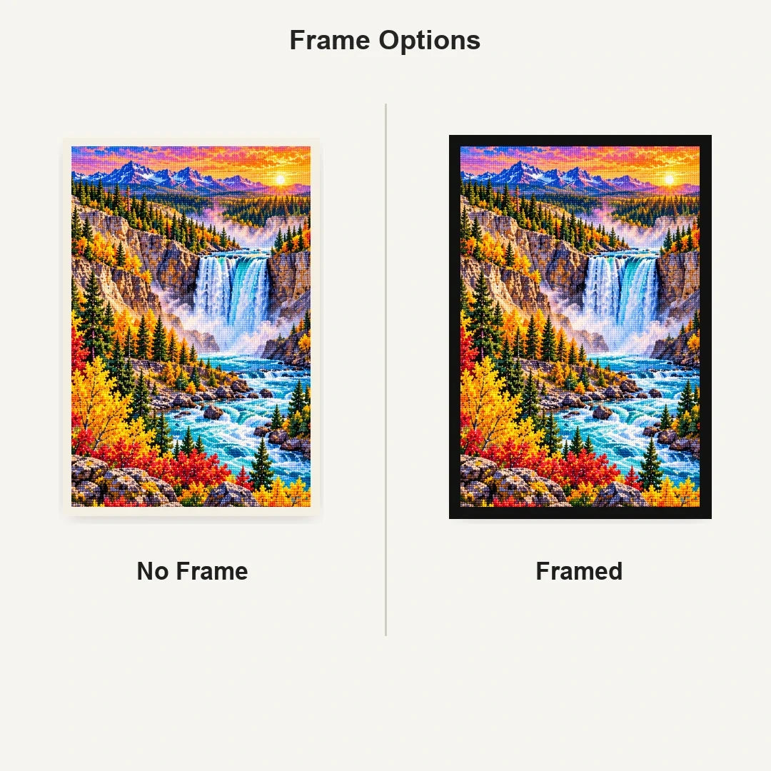 Yellowstone Waterfall Autumn No Frame and Framed comparison