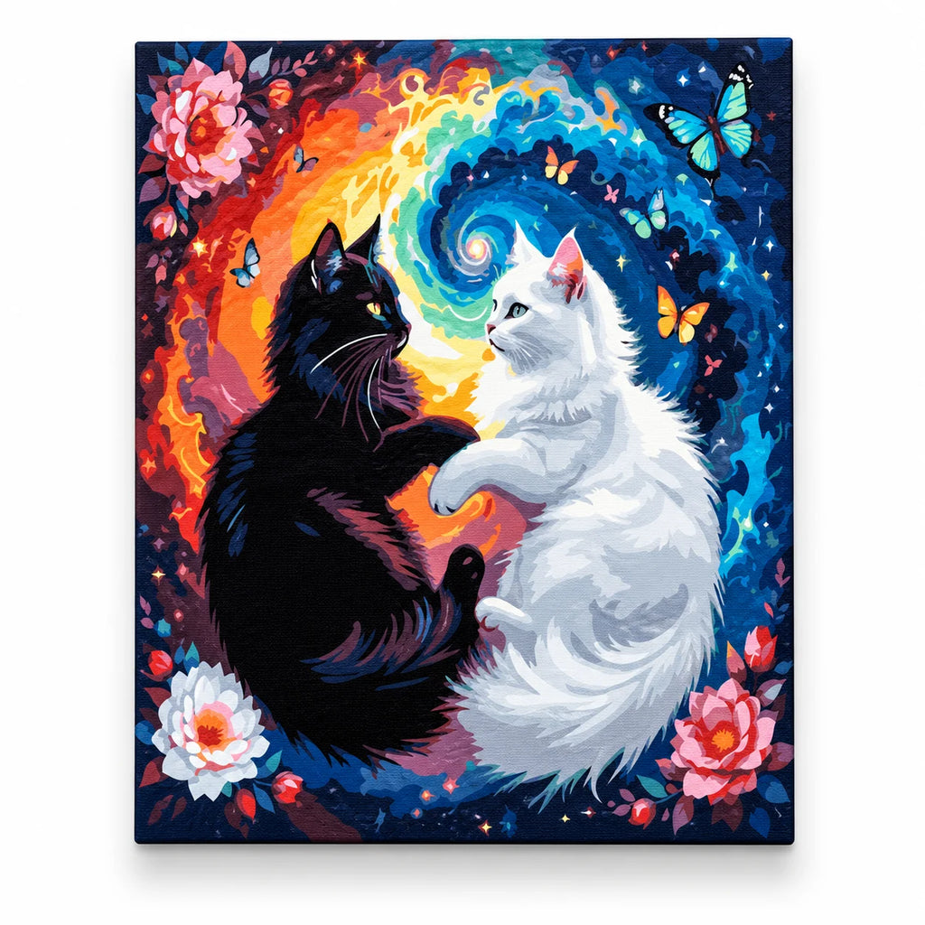 Yin Yang Black and White Cats paint by numbers artwork on a front-facing canvas against a white background