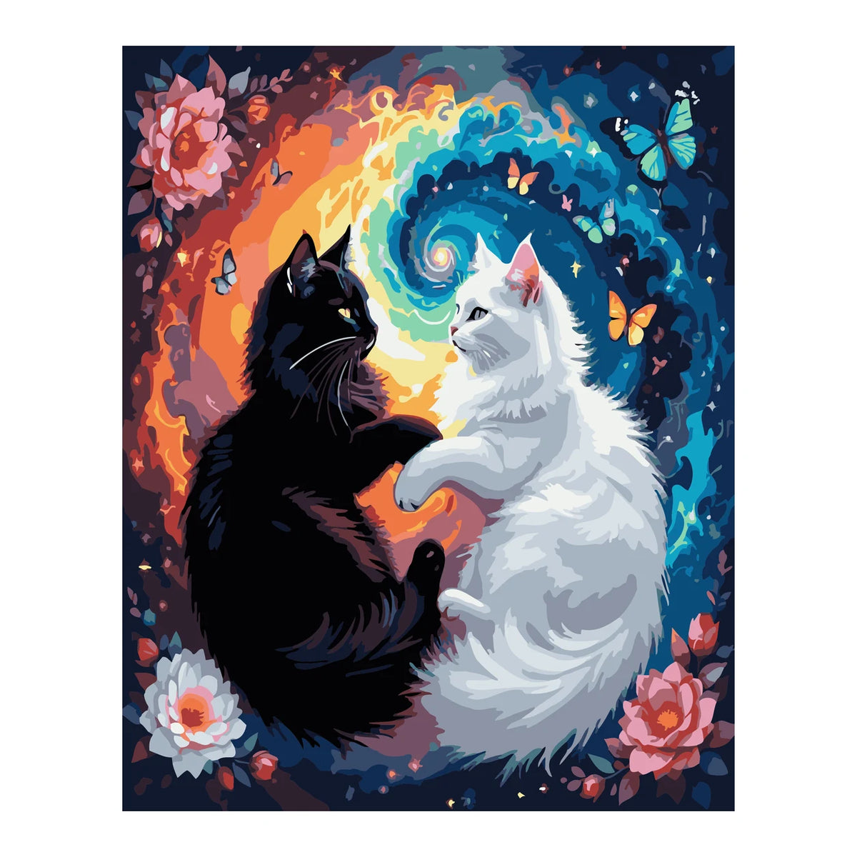 Yin Yang Black and White Cats completed artwork on a clean white background