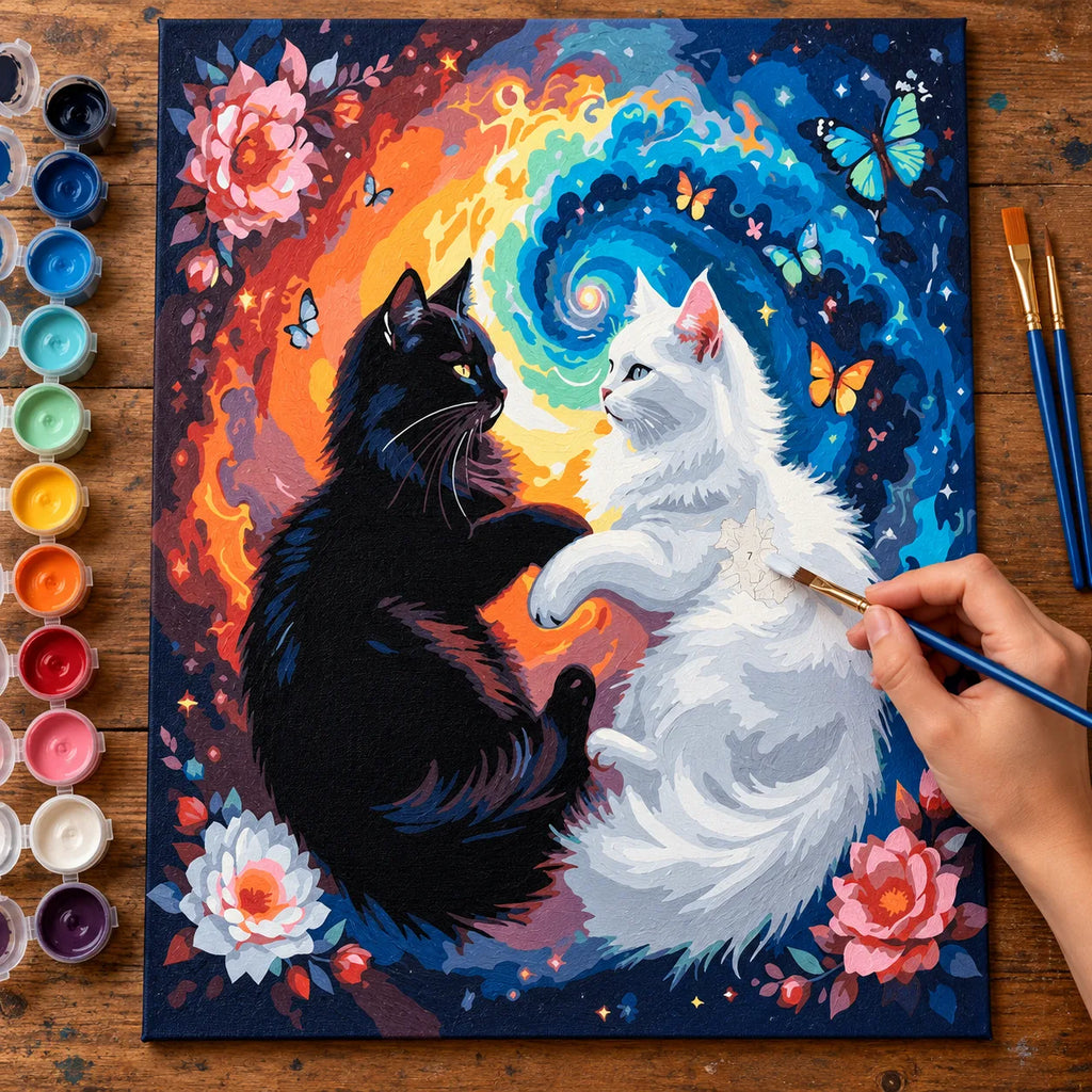Complete Yin Yang Black and White Cats numbered canvas being painted with acrylic paints and brushes