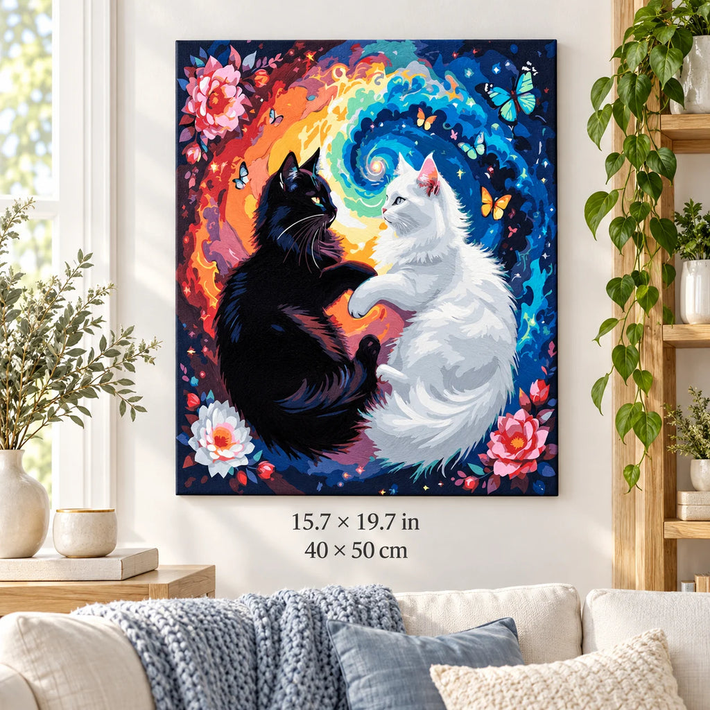 Yin Yang Black and White Cats shown in a styled room with 15.7 × 19.7 in and 40 × 50 cm dimensions