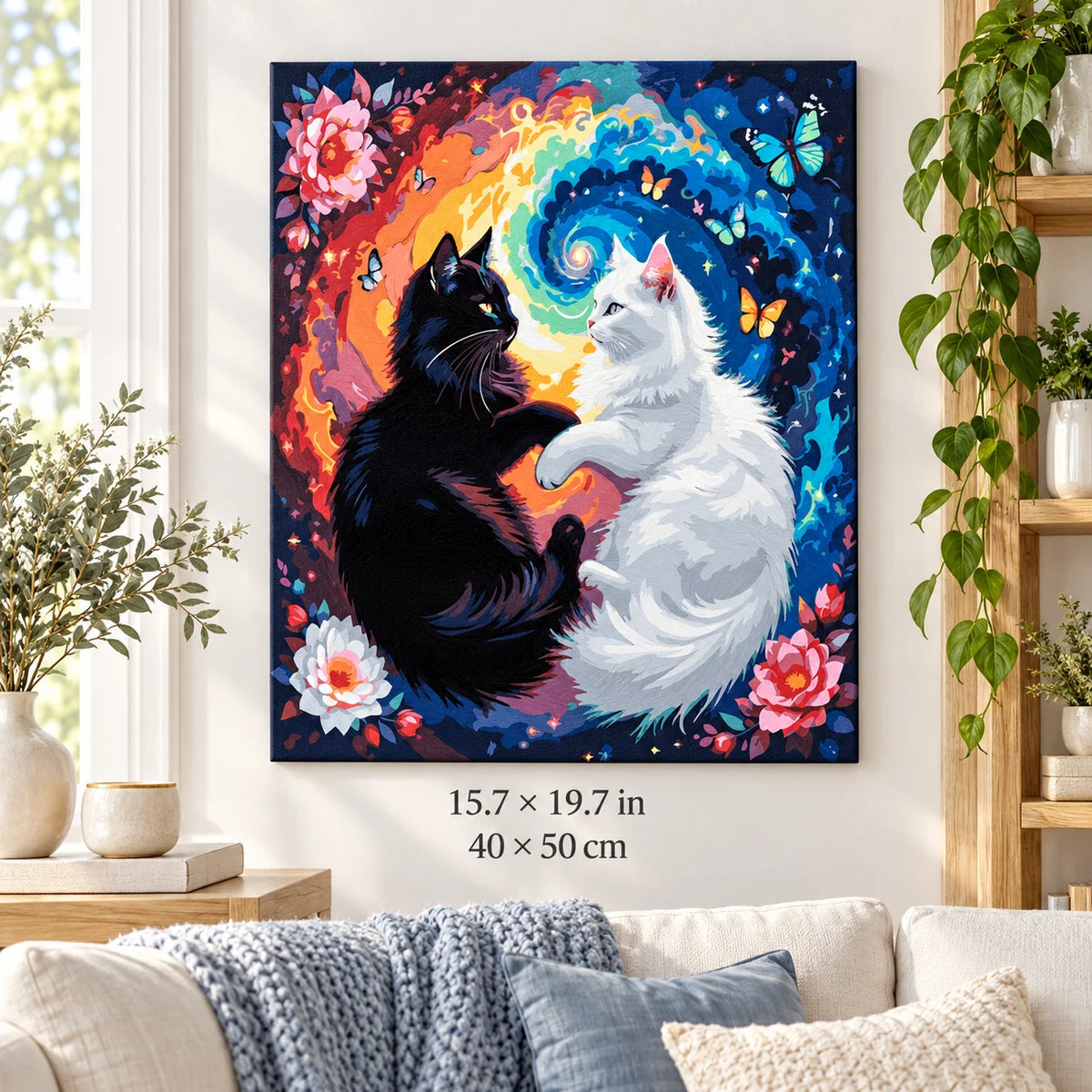 Yin Yang Black and White Cats shown in a styled room with 15.7 × 19.7 in and 40 × 50 cm dimensions