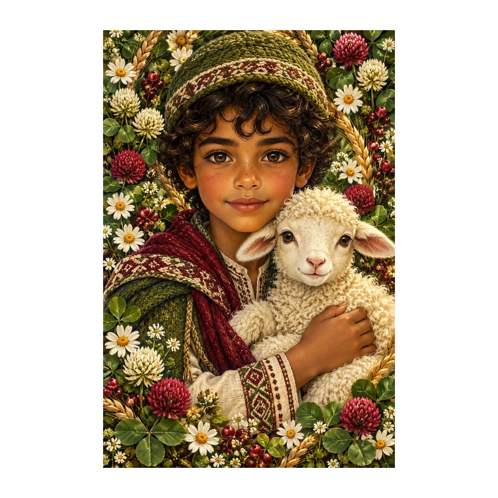Original white-background artwork of Young Shepherd and Lamb