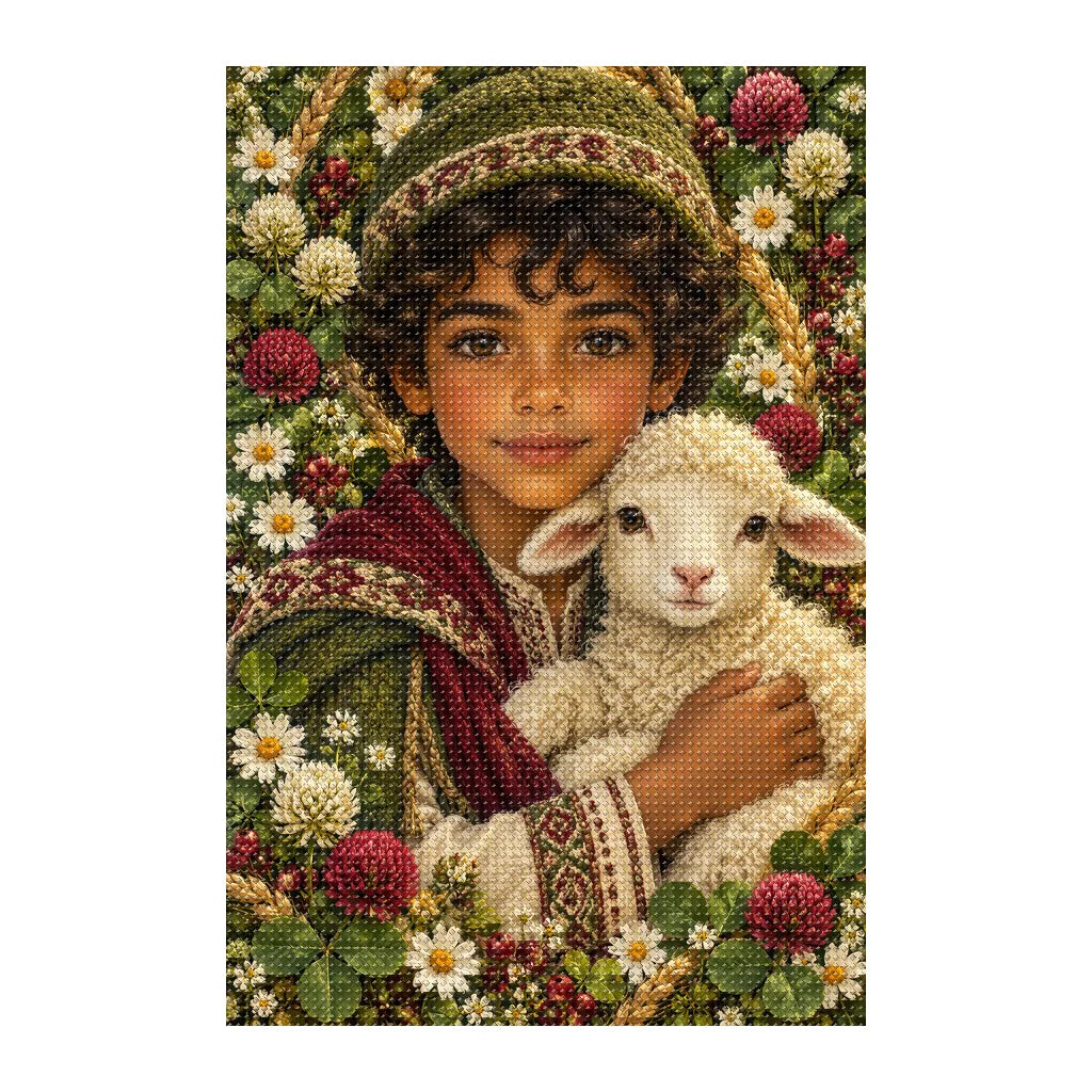 Finished white-background diamond painting of Young Shepherd and Lamb