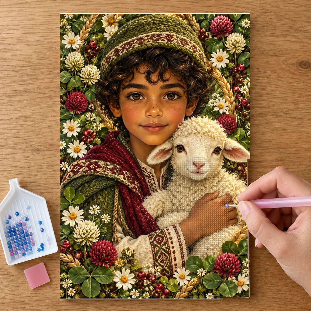 Hands placing drills on the Young Shepherd and Lamb diamond painting canvas