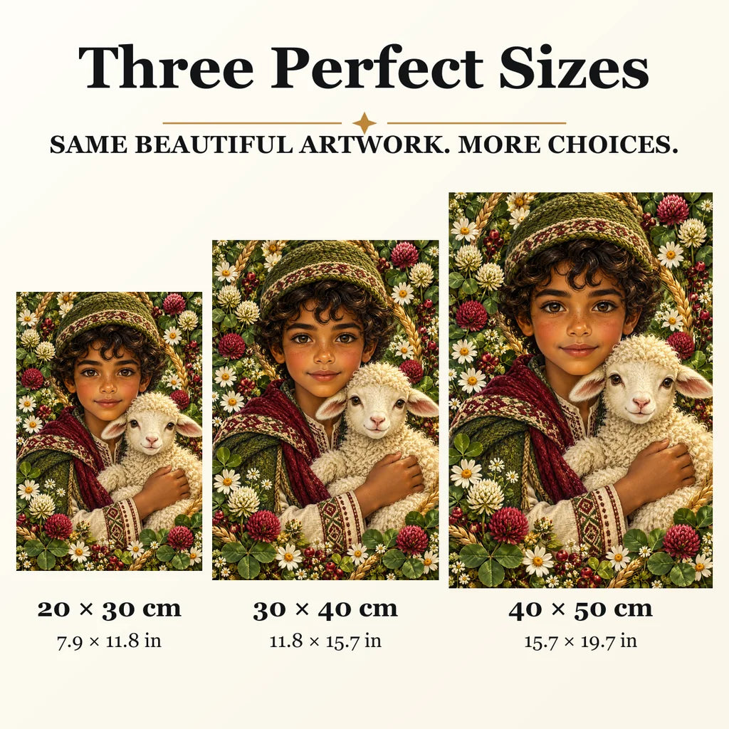 Young Shepherd and Lamb diamond painting in 20 by 30, 30 by 40, and 40 by 50 centimeter sizes