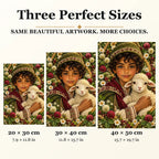 Young Shepherd and Lamb diamond painting in 20 by 30, 30 by 40, and 40 by 50 centimeter sizes