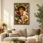 Framed Young Shepherd and Lamb diamond painting displayed in a home interior