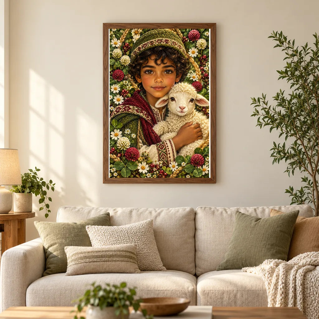 Framed Young Shepherd and Lamb diamond painting displayed in a home interior