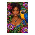 Original white-background artwork of Young Woman and Blue Macaw