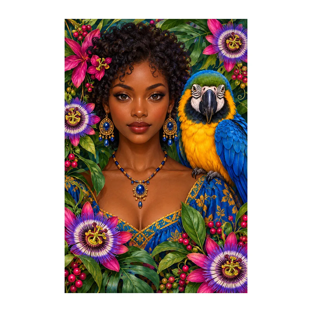Original white-background artwork of Young Woman and Blue Macaw