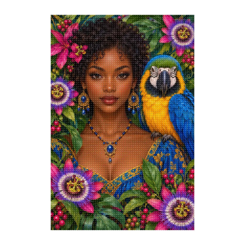 Finished white-background diamond painting of Young Woman and Blue Macaw