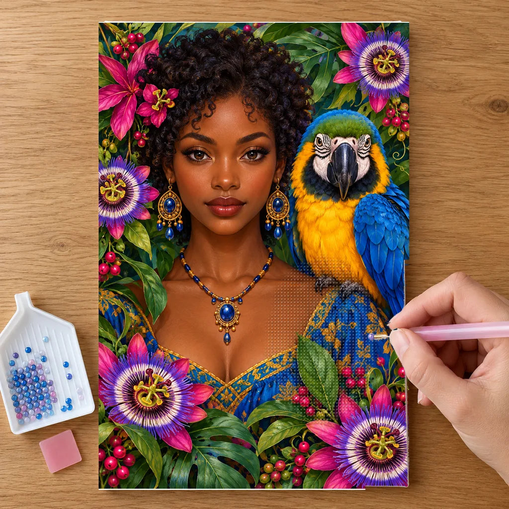 Hands placing drills on the Young Woman and Blue Macaw diamond painting canvas