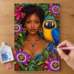 Hands placing drills on the Young Woman and Blue Macaw diamond painting canvas