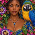 Close-up of sparkling drills on the Young Woman and Blue Macaw design