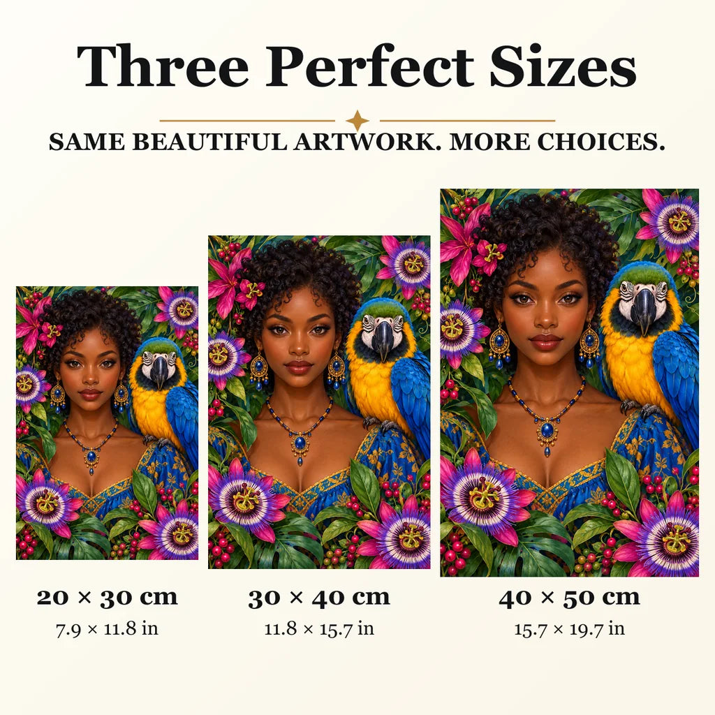 Young Woman and Blue Macaw diamond painting in 20 by 30, 30 by 40, and 40 by 50 centimeter sizes