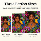 Young Woman and Blue Macaw diamond painting in 20 by 30, 30 by 40, and 40 by 50 centimeter sizes