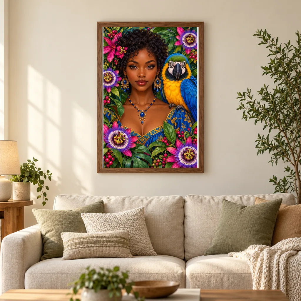 Framed Young Woman and Blue Macaw diamond painting displayed in a home interior