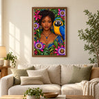 Framed Young Woman and Blue Macaw diamond painting displayed in a home interior