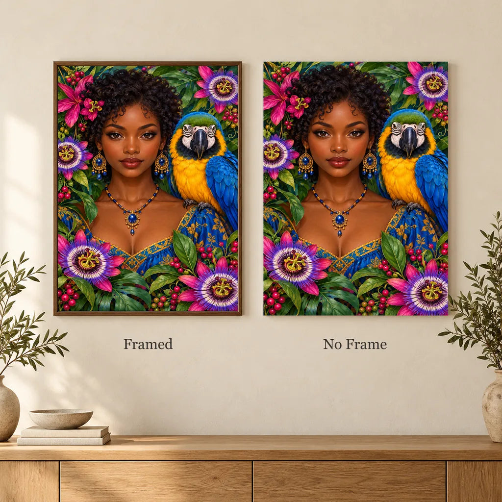 Framed and no-frame options for the Young Woman and Blue Macaw diamond painting