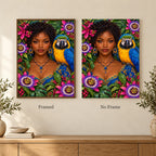 Framed and no-frame options for the Young Woman and Blue Macaw diamond painting