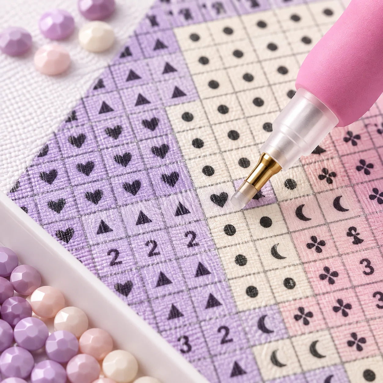 Close-up of crisp printed symbols on a diamond painting canvas