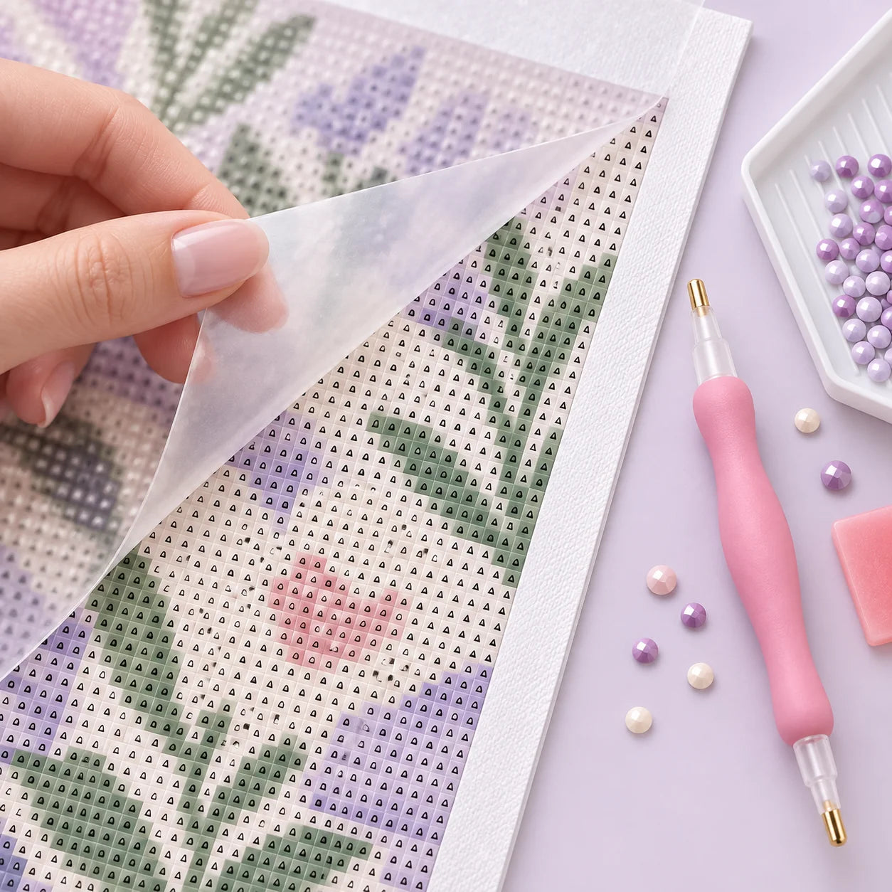 Cubierta protectora despegándose de un lienzo de pintura de diamantes codificado
